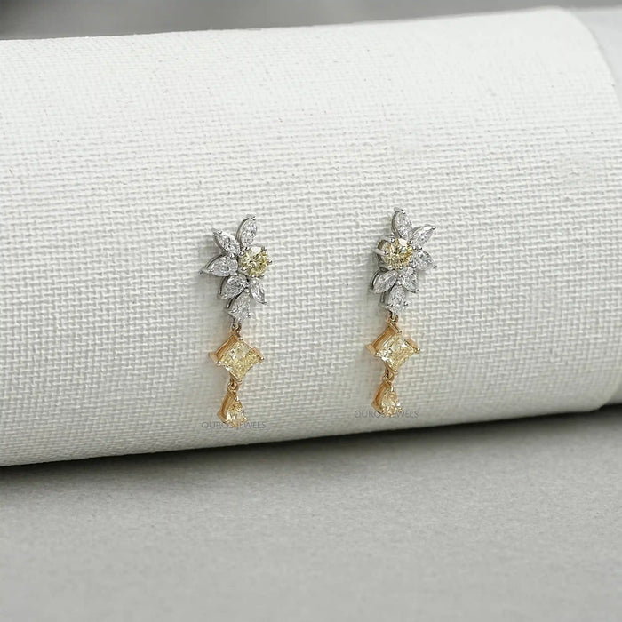 Boucles d'oreilles pendantes florales en diamant jaune et blanc