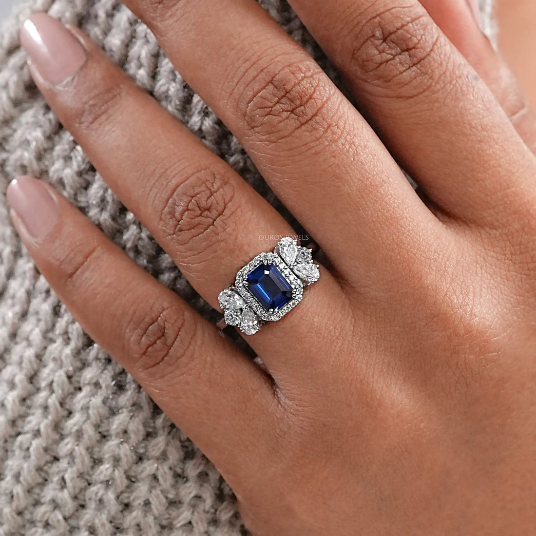 Sapphire Emerald Gemstone Halo Engagement Ring