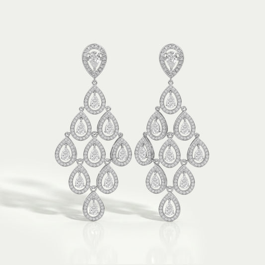 Pear Diamond Halo Set Dangle Chandelier Earrings