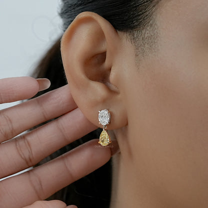 Fancy Yellow Pear And Oval Diamond Drop Earrings