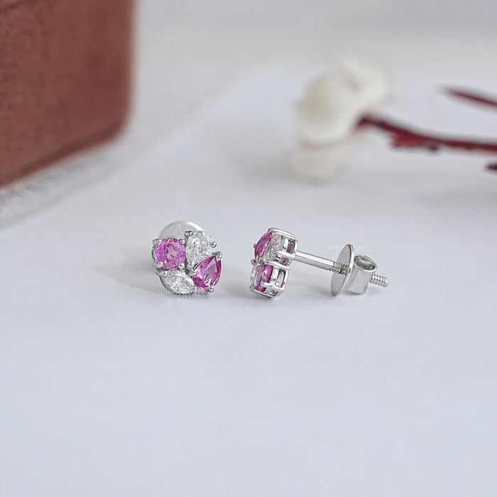 Pink Pear And Round Diamond Cluster Earrings