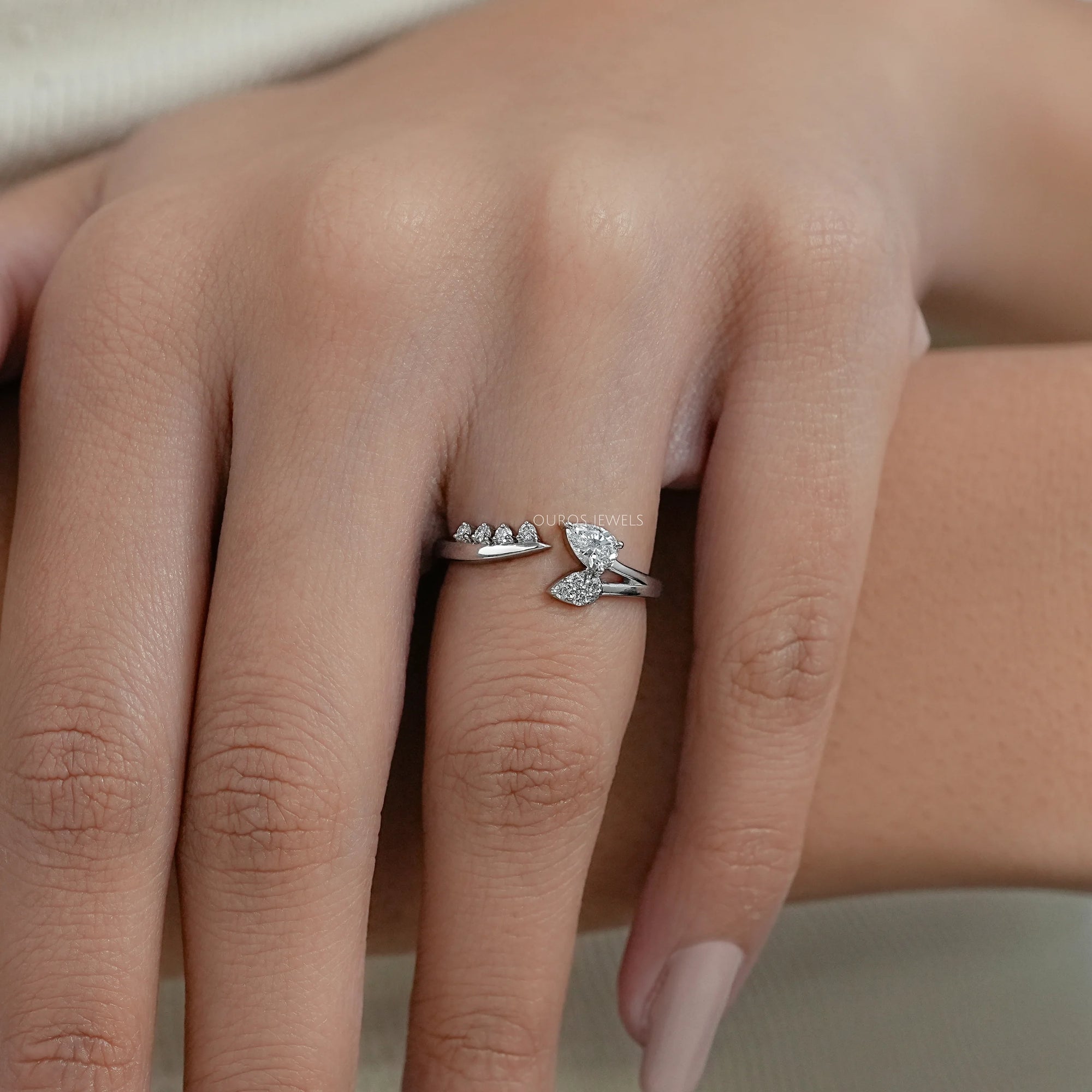 Pear Diamond Leaf Open Cuff Wedding Ring Rings