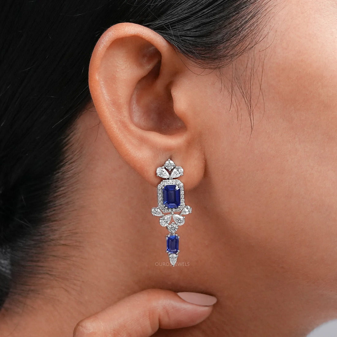 Sapphire Emerald Gemstone And Lab Diamond Drop Earrings