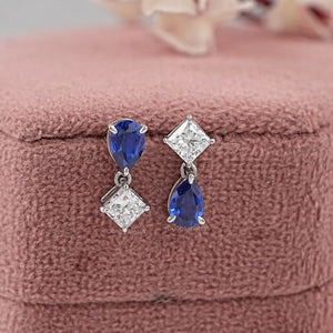 Pear Sapphire And  Princess Diamond Two Stone Earrings