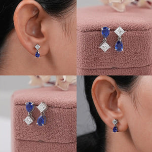 Pear Sapphire And  Princess Diamond Two Stone Earrings