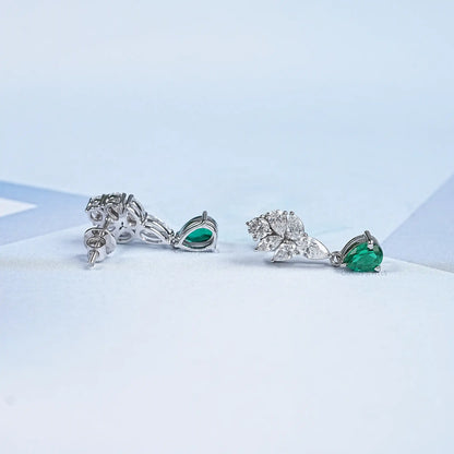 Green Emerald And Pear Diamond Cluster Earrings