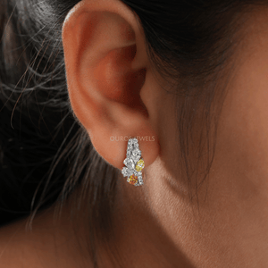 Yellow Pear And Round Cut Cluster Diamond Earrings