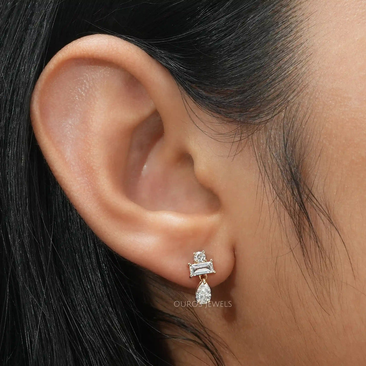 Pear and Baguette Cut Diamond Earrings