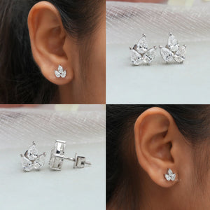 Three Stone Pear Cut Lab Diamond Stud Earrings