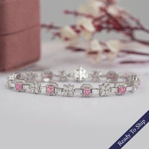 Bracelet tennis en diamants Asscher roses et fleurs