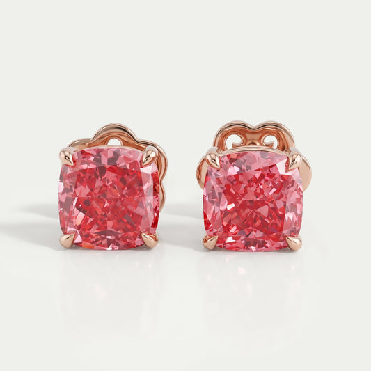 Boucles d'oreilles à tige en diamant de laboratoire taille coussin rose