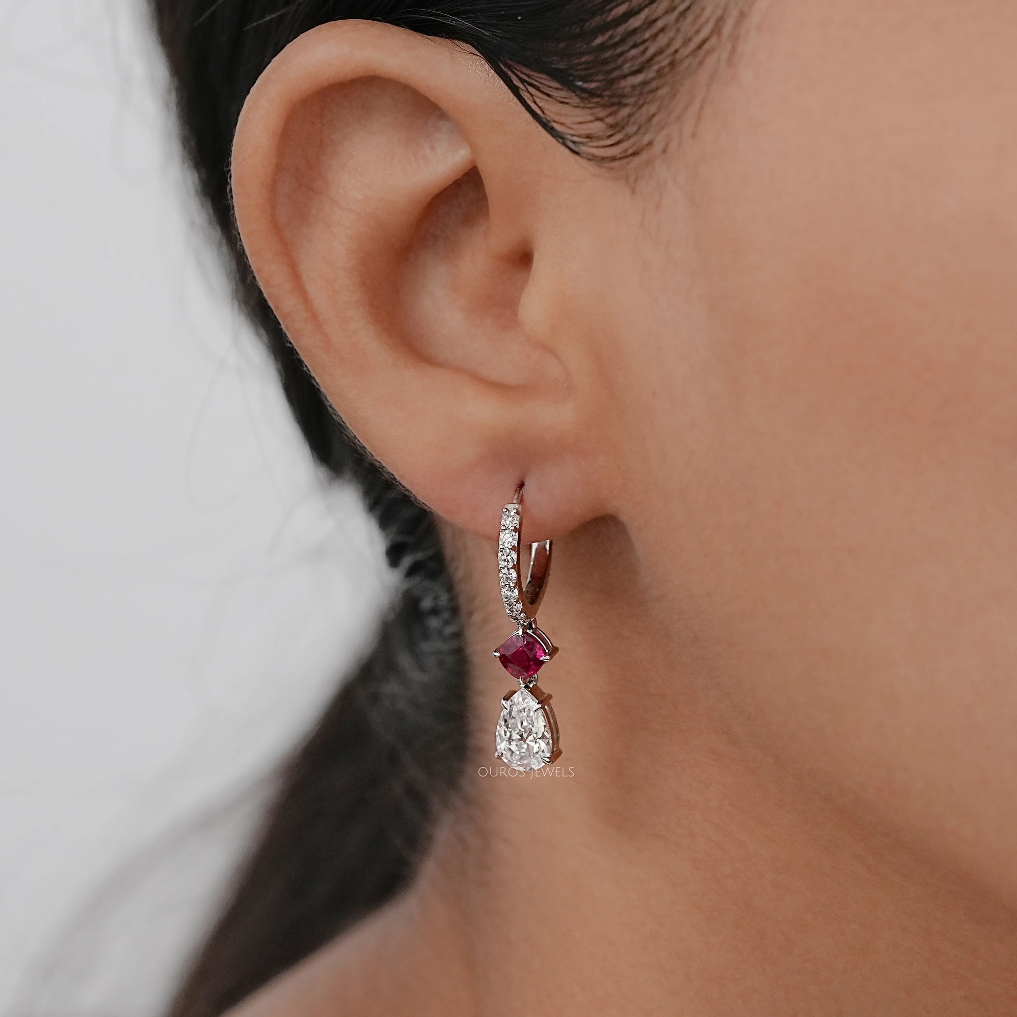 Old Mine Pear Diamond And Ruby Cushion Drop Hoop Earrings Earrings