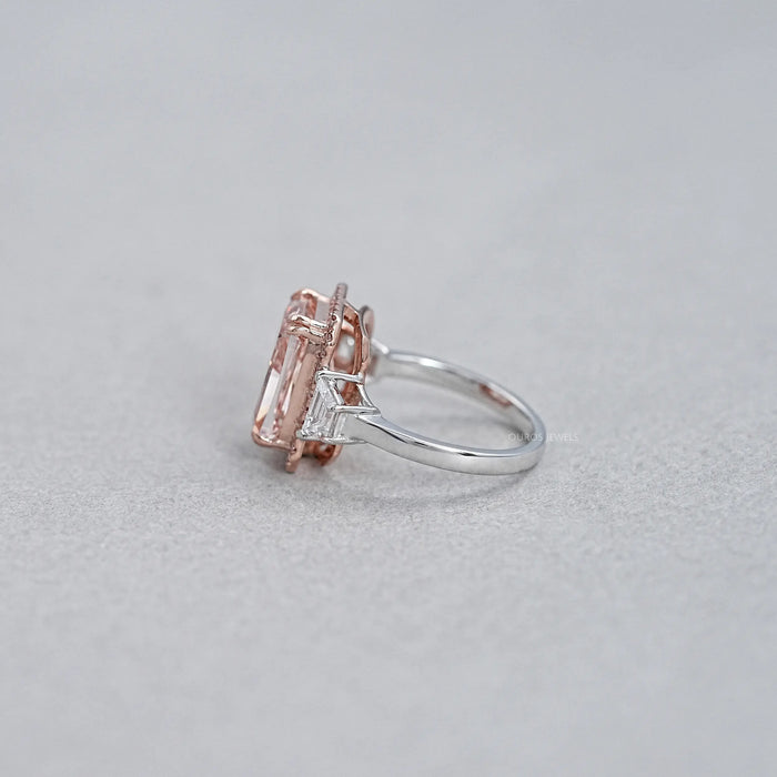 side view of pink cushion-cut lab diamond halo 3 stone colored engagement ring