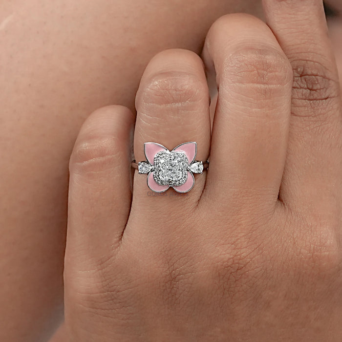 Floral Diamond with Pink Enamel Ring