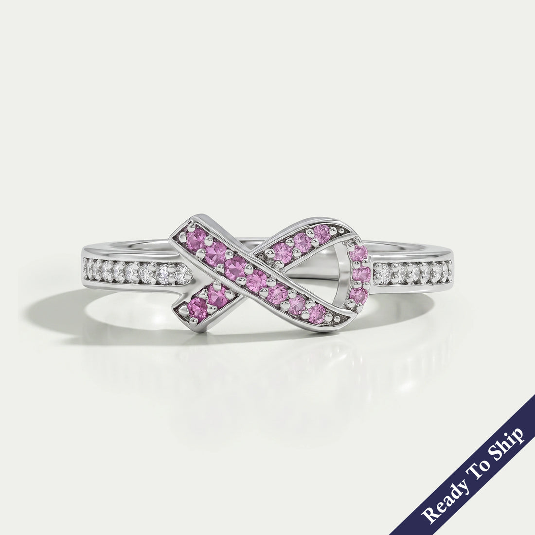Round Pink Gemstone Cancer Ribbon Accent Ring Ring