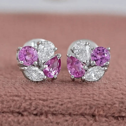 Pink Pear And Round Diamond Cluster Earrings Earrings