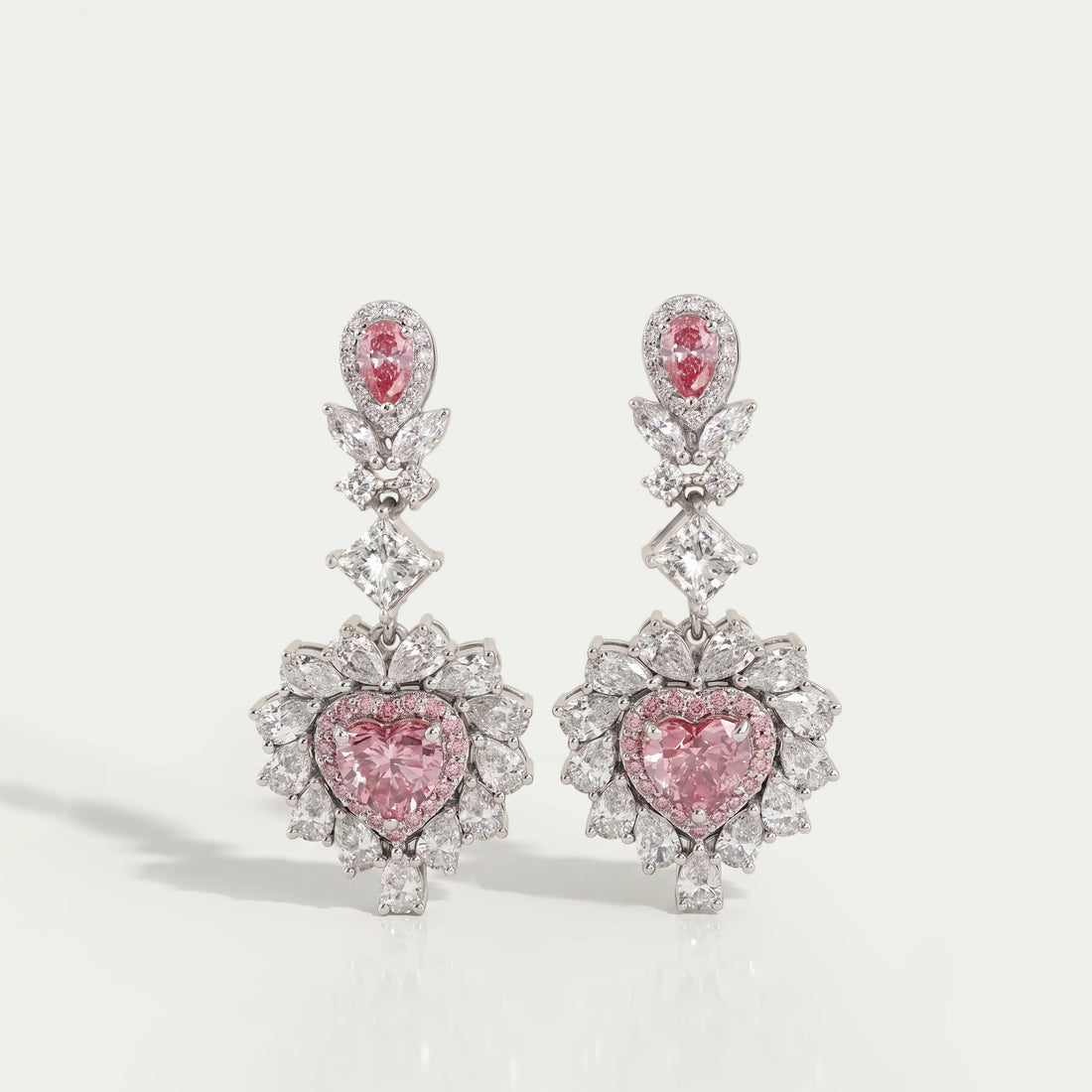 Pink Heart Cut Double Halo Drop Dangle Earrings Earrings