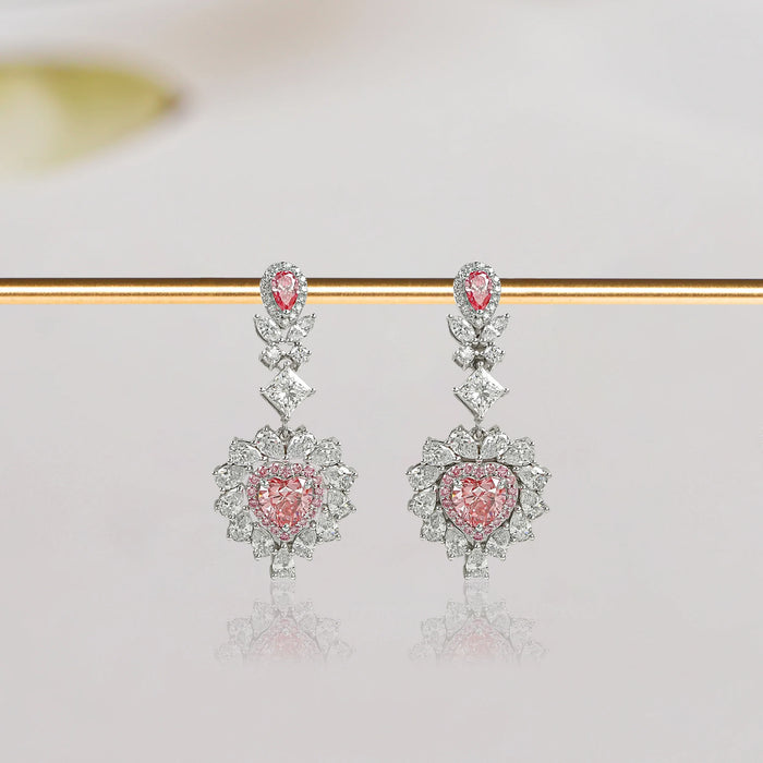 Boucles d'oreilles pendantes à double halo en forme de cœur rose