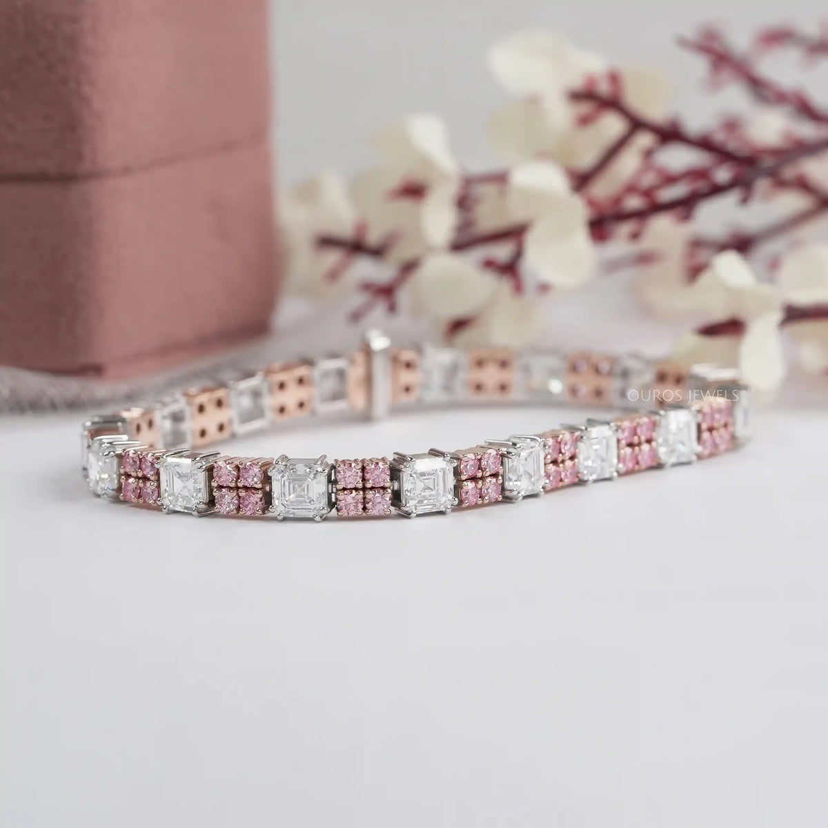 Asscher Diamond And Pink Round Tennis Bracelet Bracelet