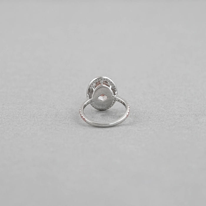 back view of fancy pink oval cut lab diamond halo engagement ring