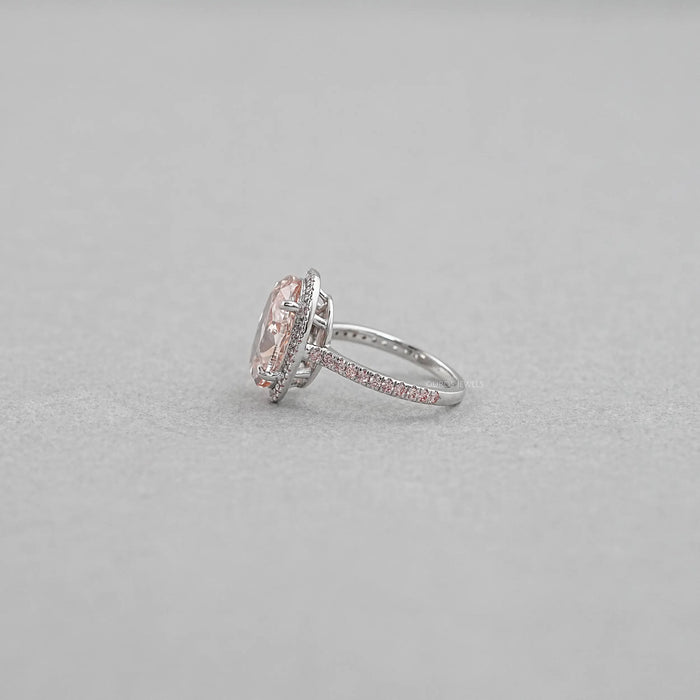 side view of fancy pink oval cut lab diamond halo engagement ring