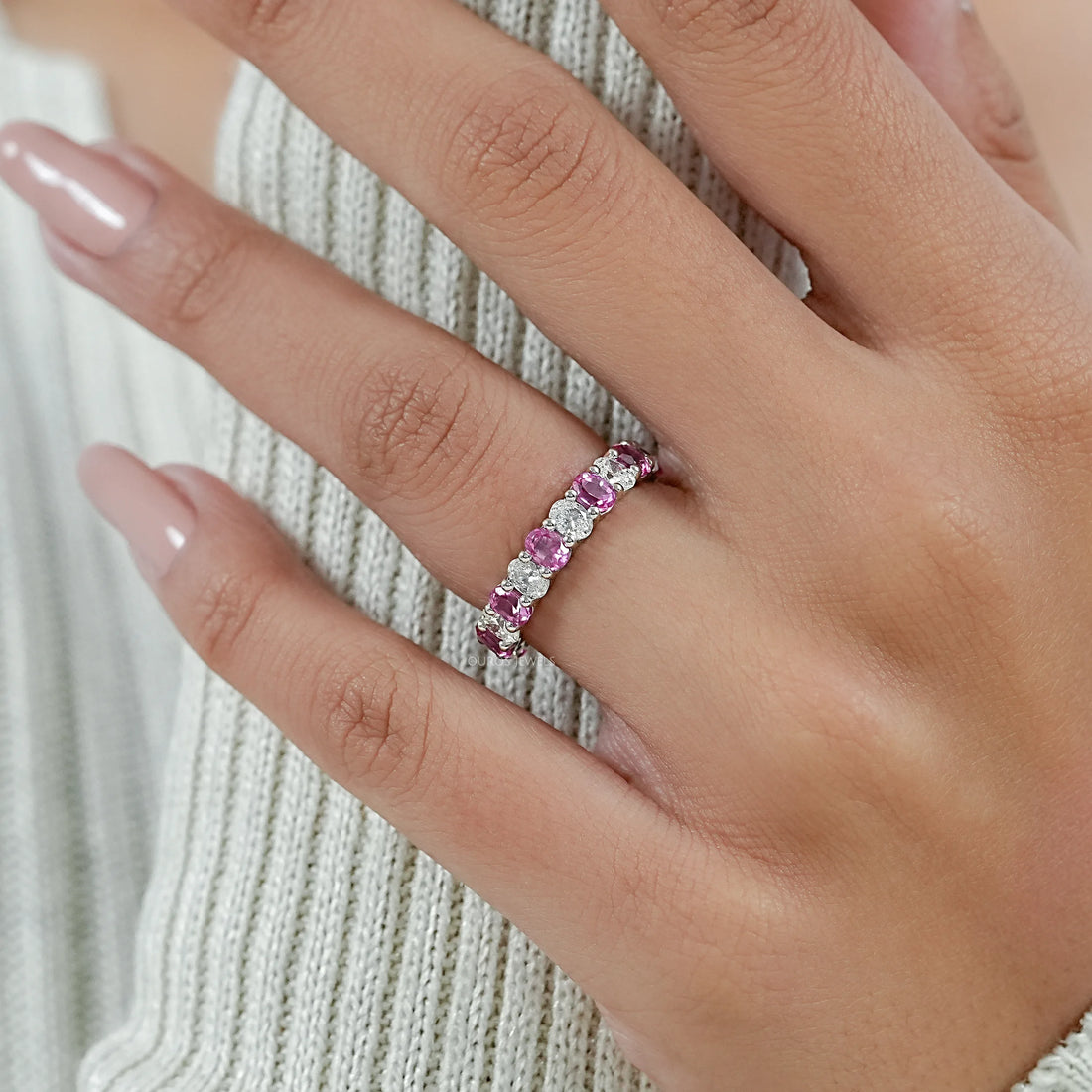 Pink Oval Lab Gemstone Eternity Band Ring