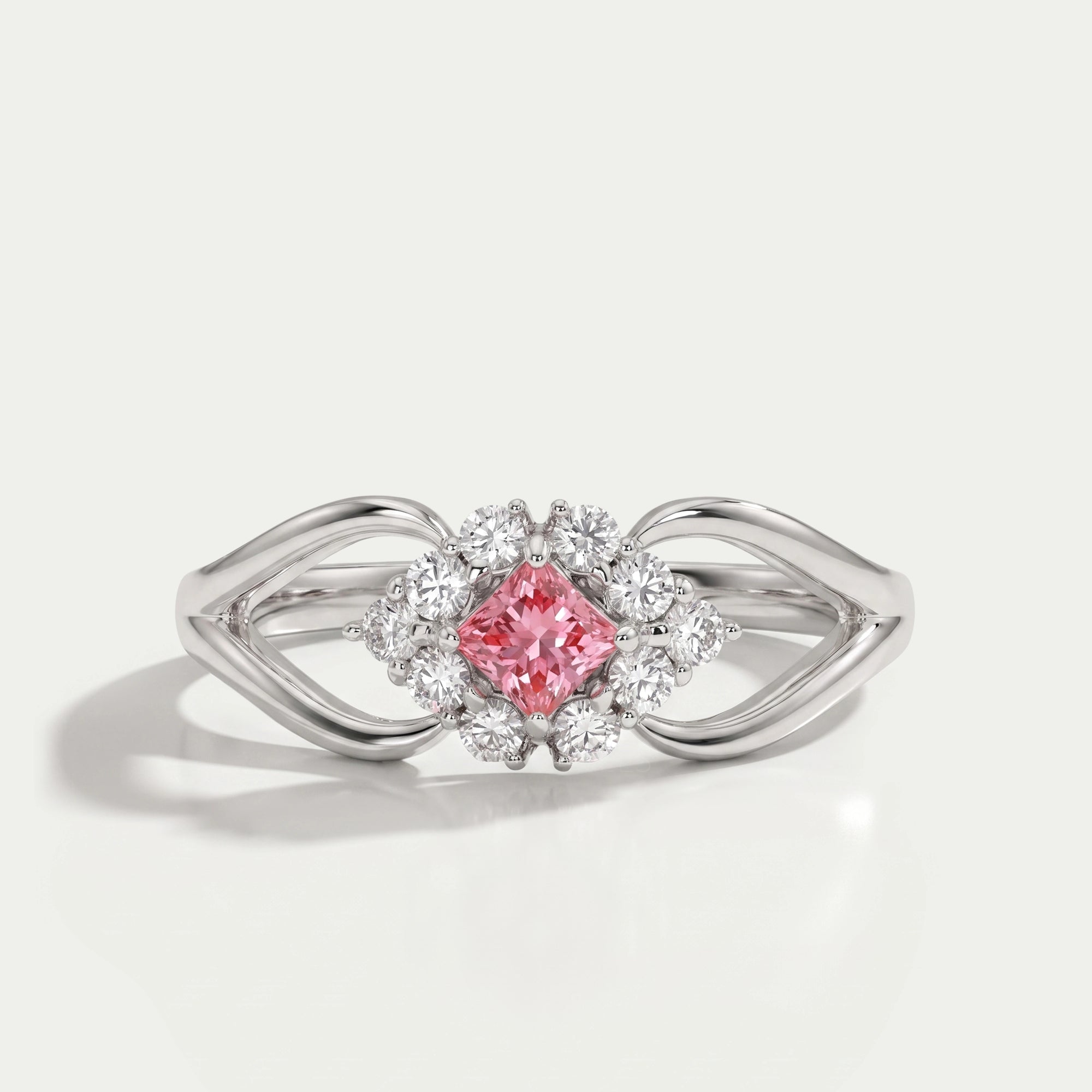 Pink Princess Cut Halo Split Shank Ring