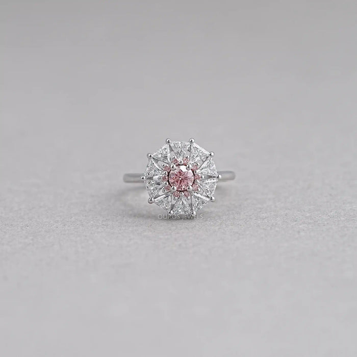 Pink Round Cut Halo Triangle Engagement Ring