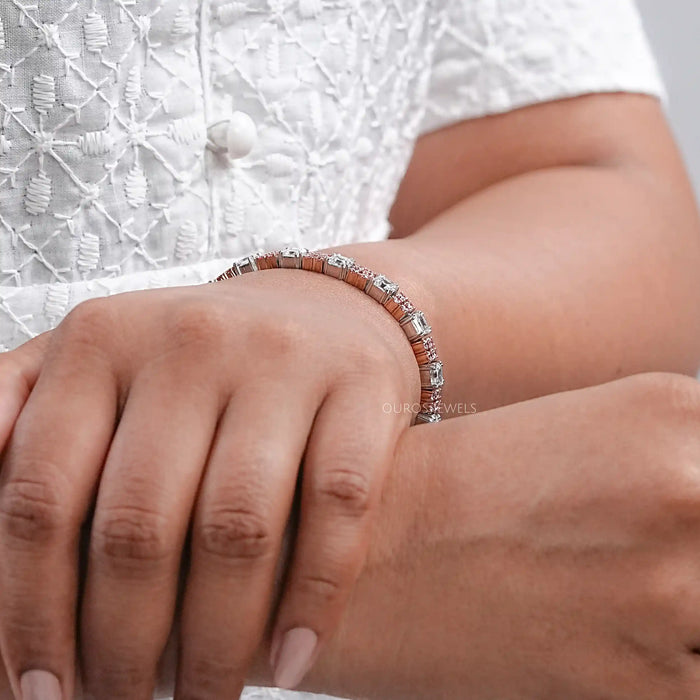 Asscher Diamond And Pink Round Tennis Bracelet