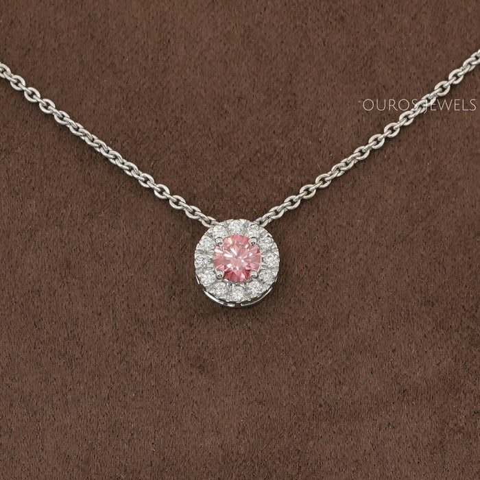 Pink Round Cut Diamond Halo Pendant