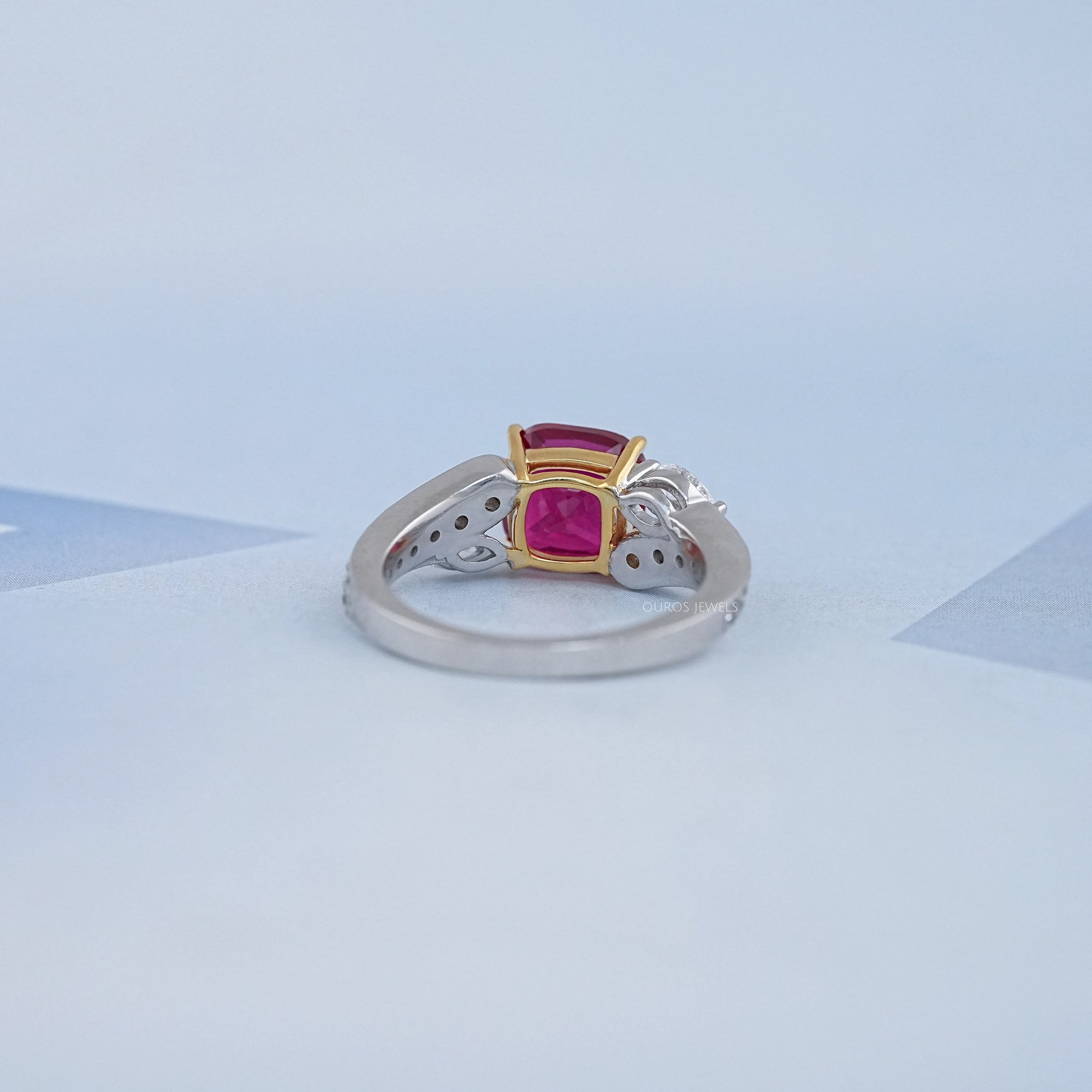 Ruby Cushion Gemstone And Lab Diamond Split Shank Ring Rings