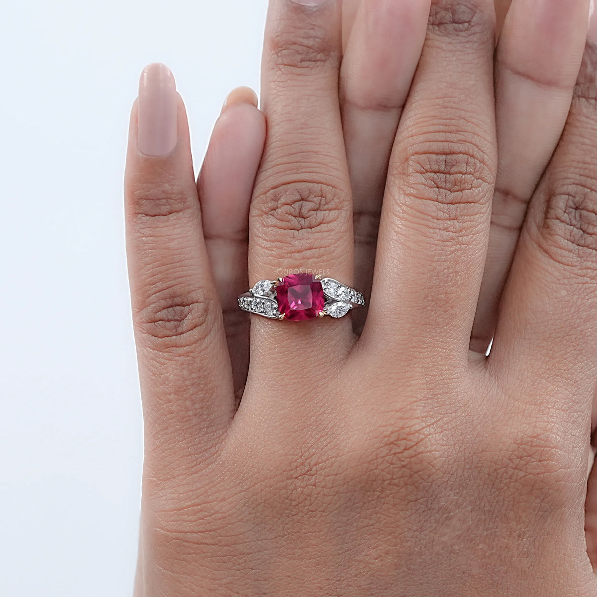 Ruby Cushion Gemstone And Lab Diamond Split Shank Ring Rings