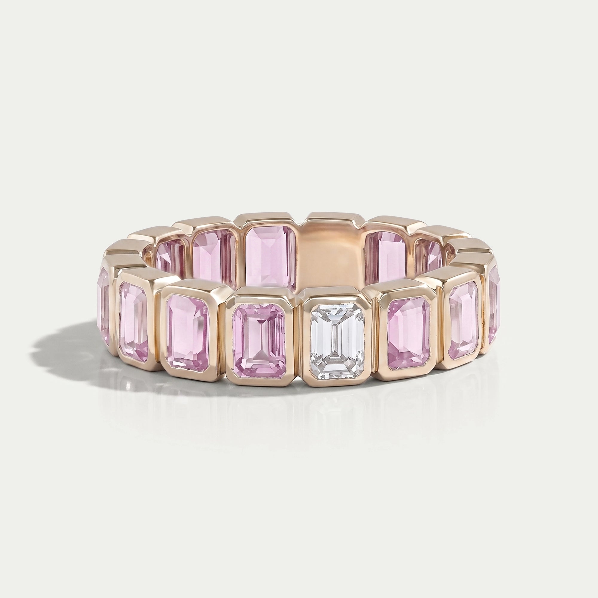 Sapphire Pink Emerald Cut Bezel Set Eternity Wedding Band