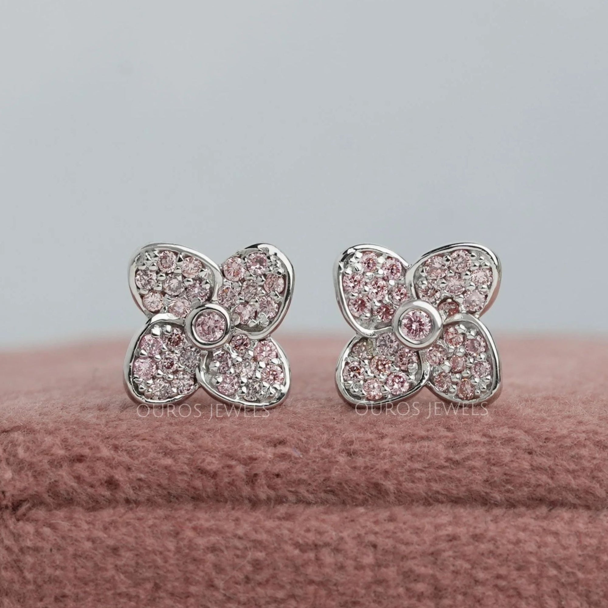 Flower Shape Pink Round Cut Lab Diamond Stud Earrings