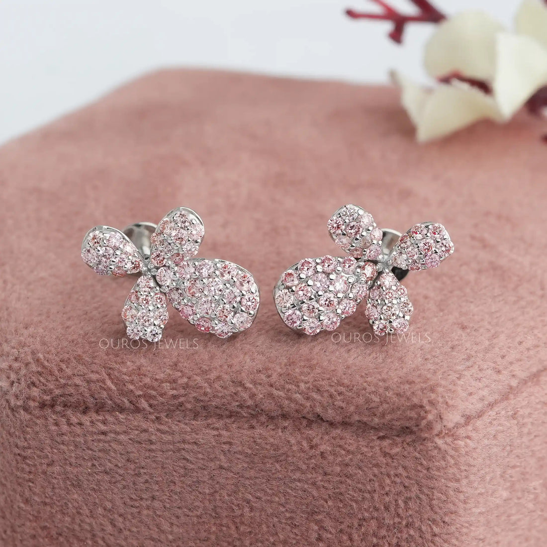 Floral Shape Pink Round Cut Push Back Stud Earrings