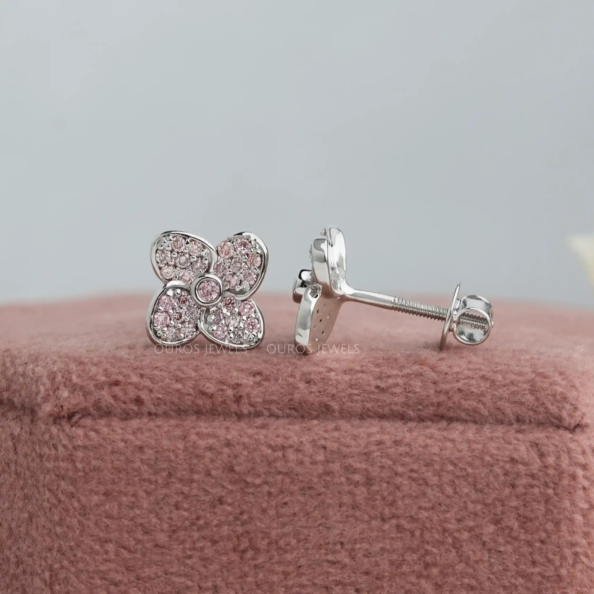 Flower Shape Pink Round Cut Lab Diamond Stud Earrings