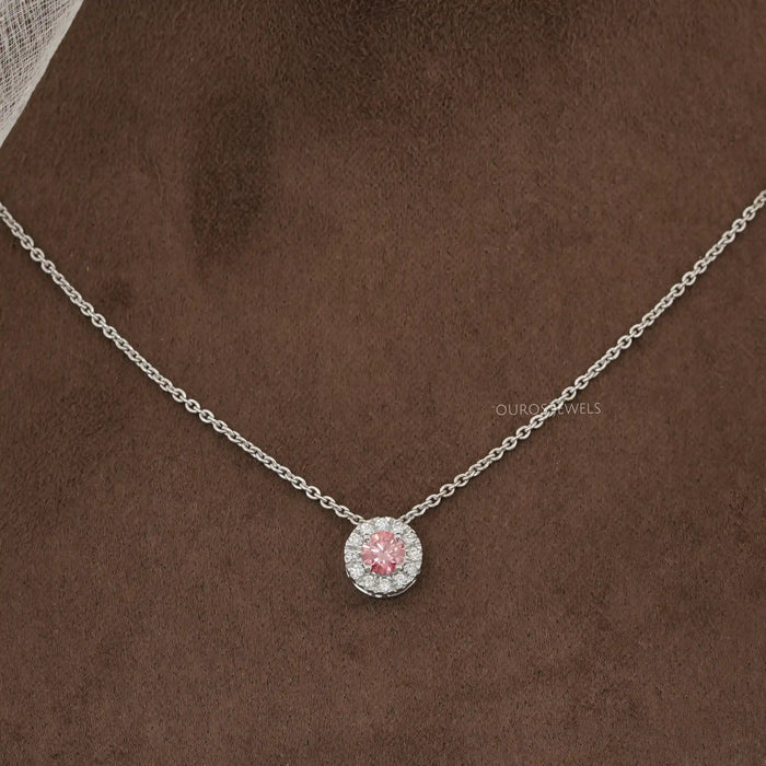 Pink Round Cut Diamond Halo Pendant