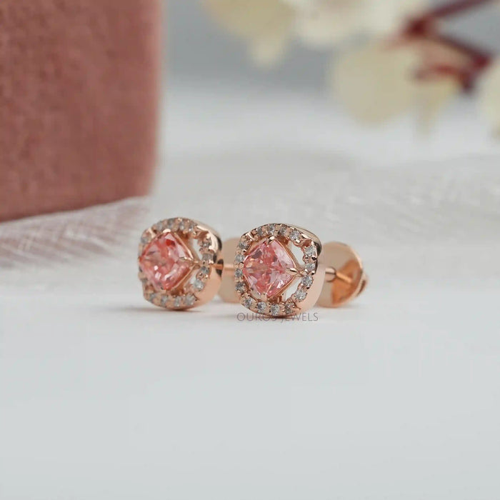 [Side View of Pink Cushion Cu Halo Stud Earrings]-[Ouros Jewels]