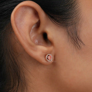 [A Women wearing Pink Cushion Cut Halo Stud Earrings]-[Ouros Jewels]