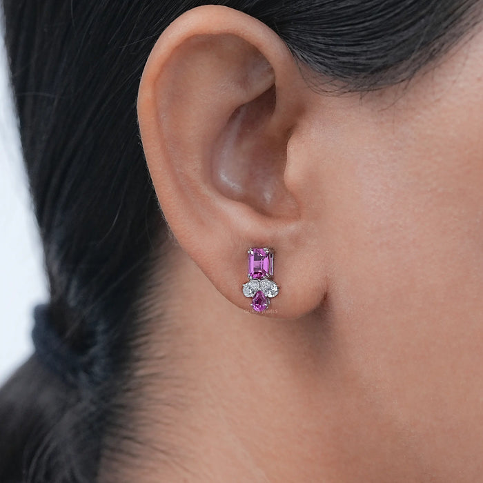 Lab Pink Emerald Gemstone Stud Earrings
