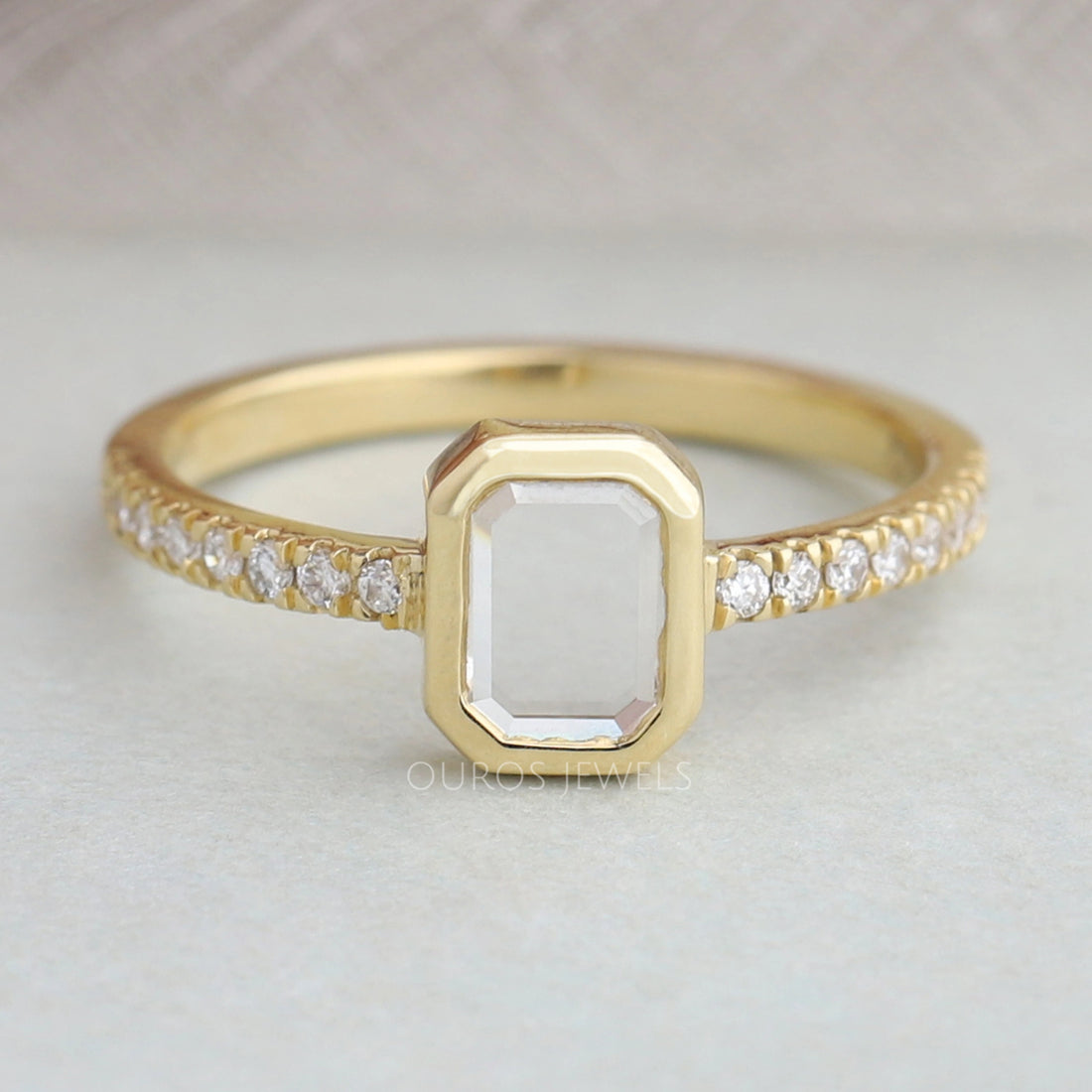 Portrait Cut Emerald Diamond Solitaire Accent Engagement Ring