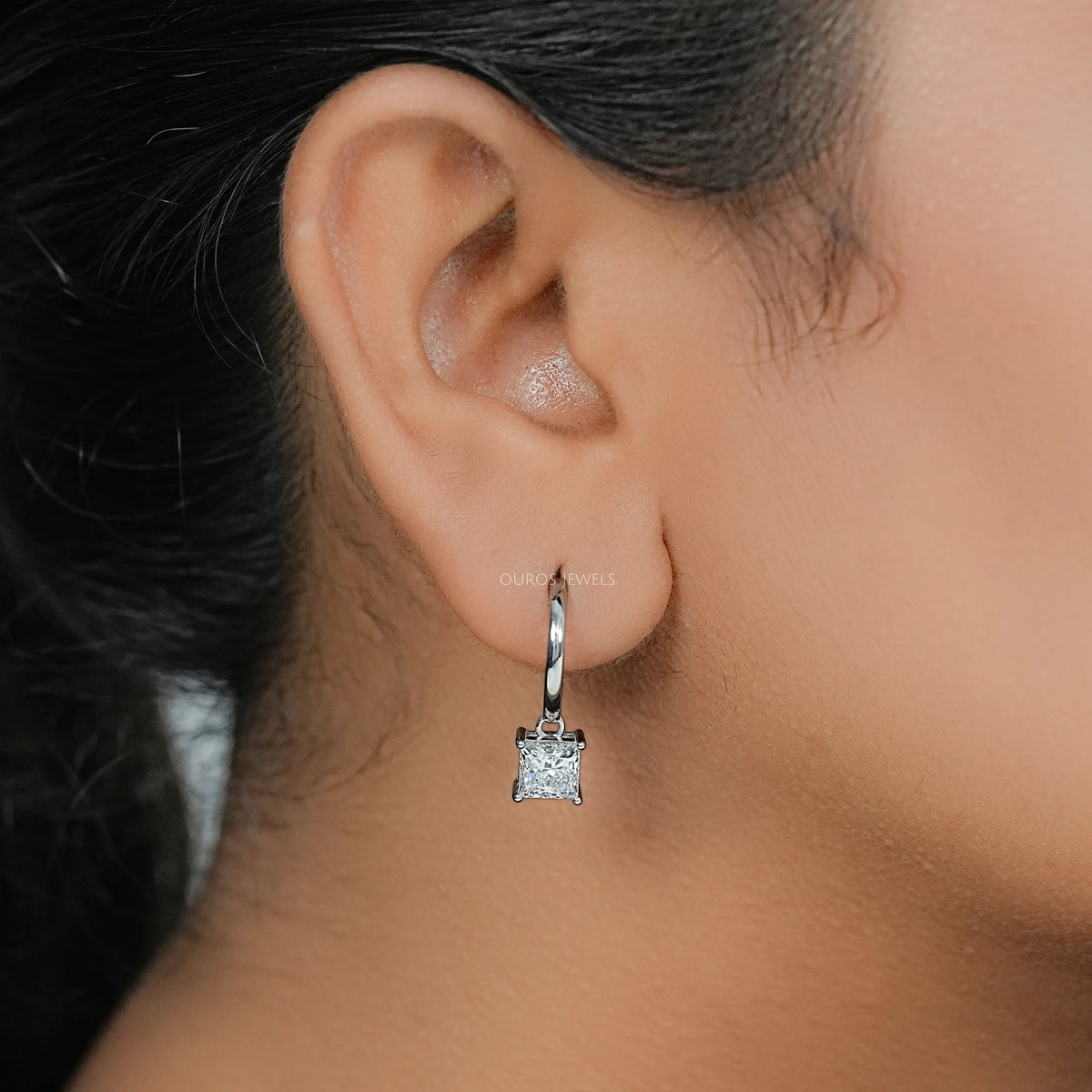 Lab Diamond Princess Cut Dangle Hoop Earrings Earrings
