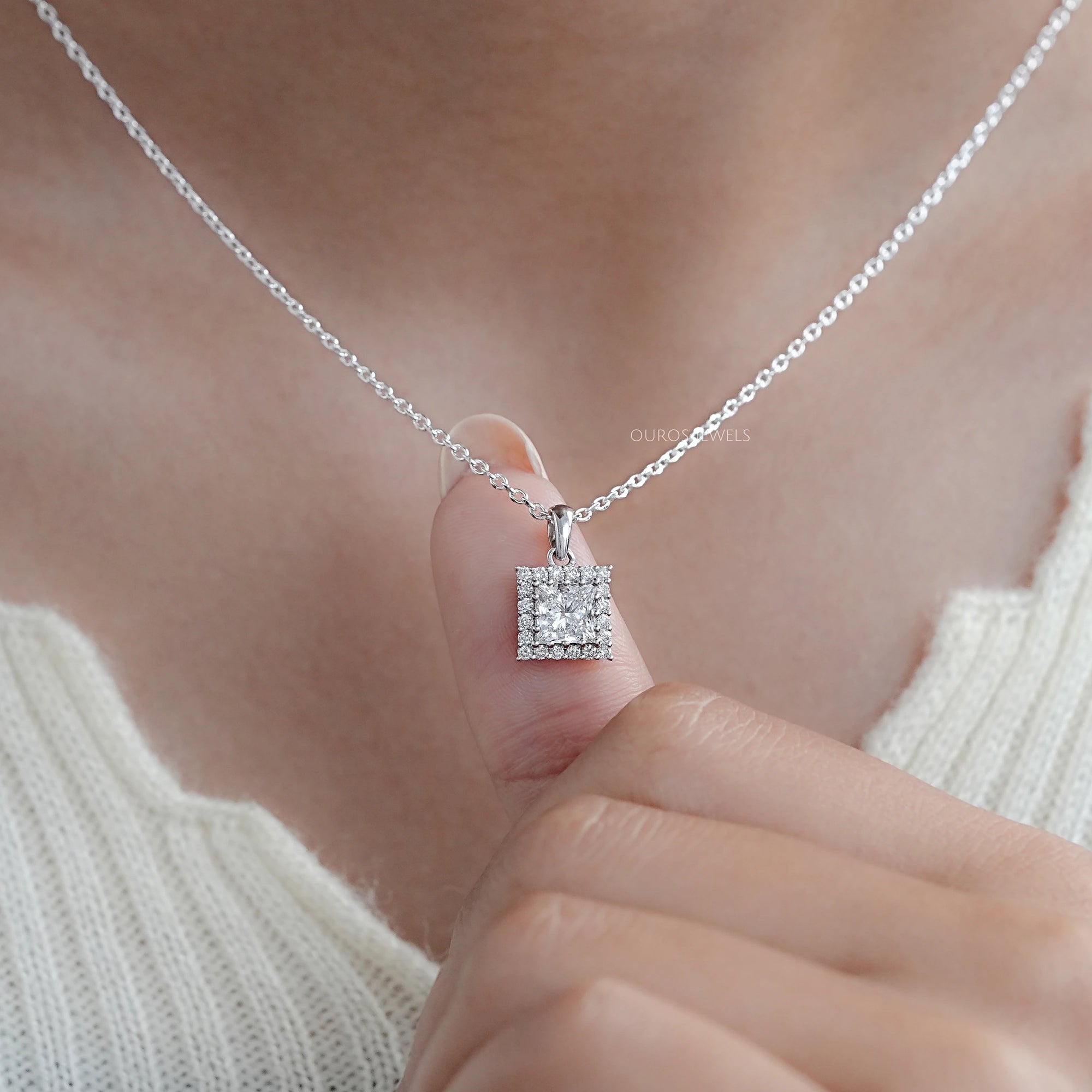Princess Cut Lab Diamond Halo Pendant Necklaces