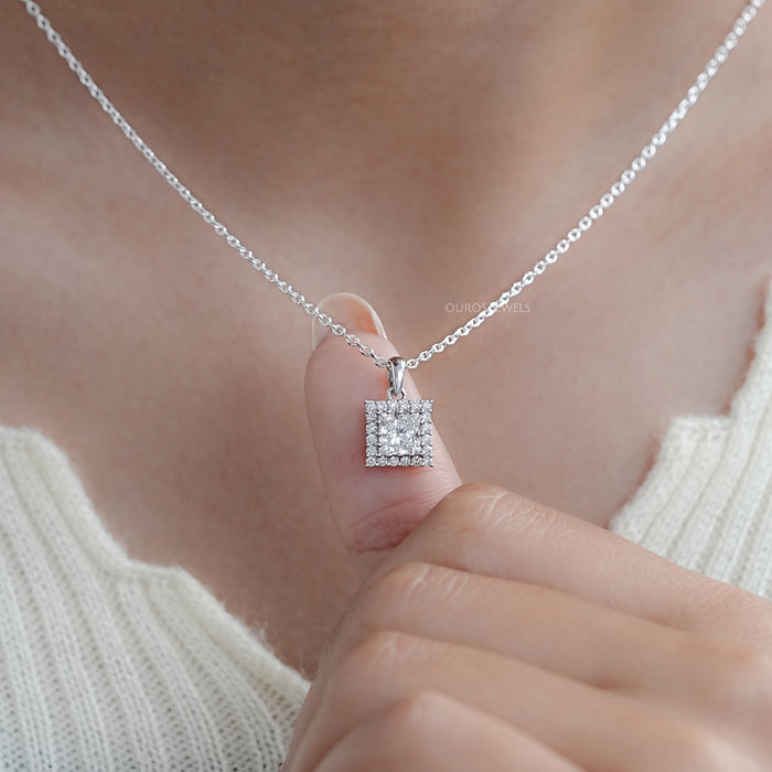 Princess Cut Lab Diamond Halo Pendant