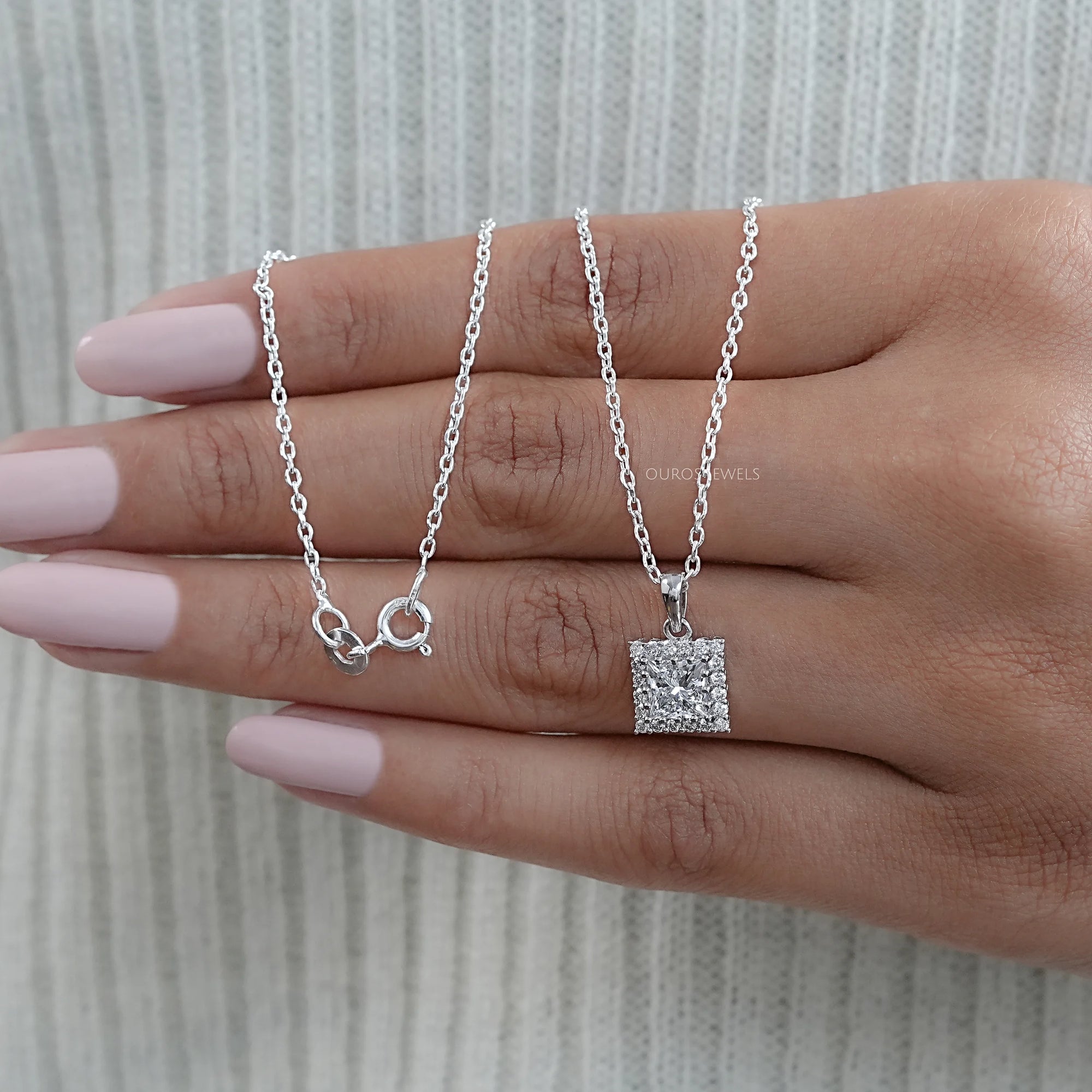 Princess Cut Lab Diamond Halo Pendant Necklaces