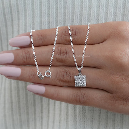 Princess Cut Lab Diamond Halo Pendant Necklaces