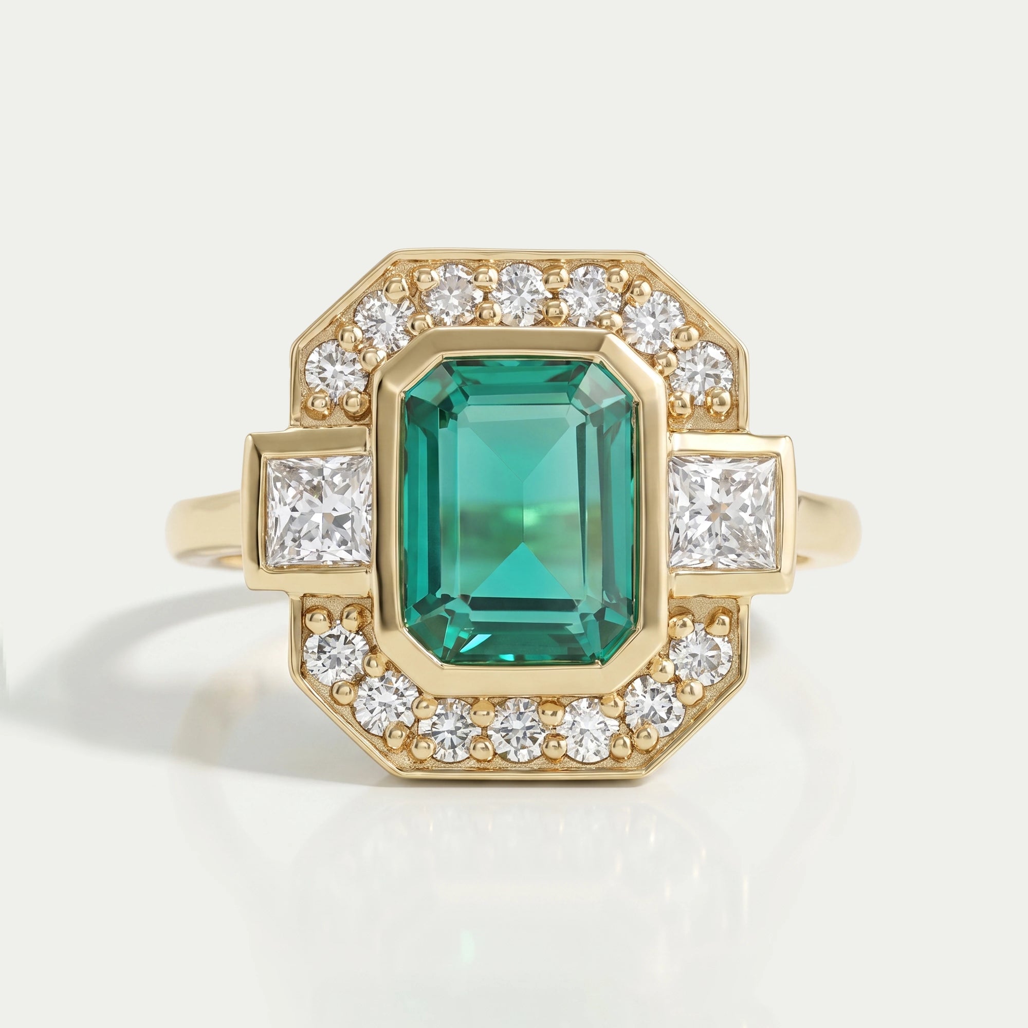 Three Stone Emerald Gemstone Halo Ring Ring