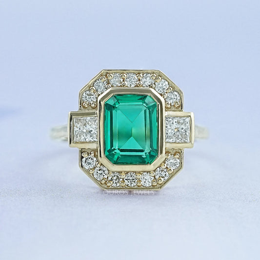 Three Stone Emerald Gemstone Halo Ring Ring