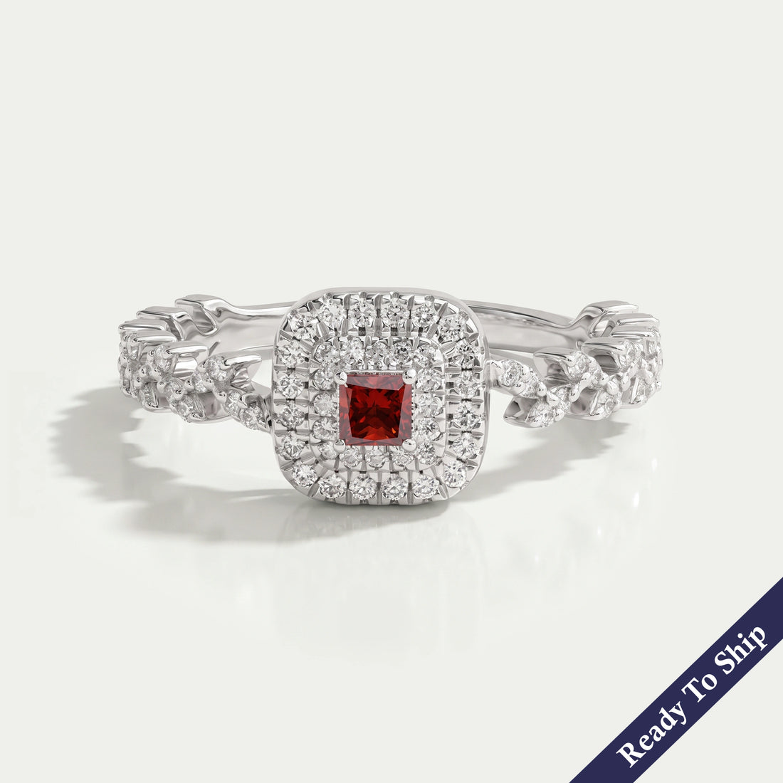 Red Princess Cut Double Halo Accent Diamond Ring