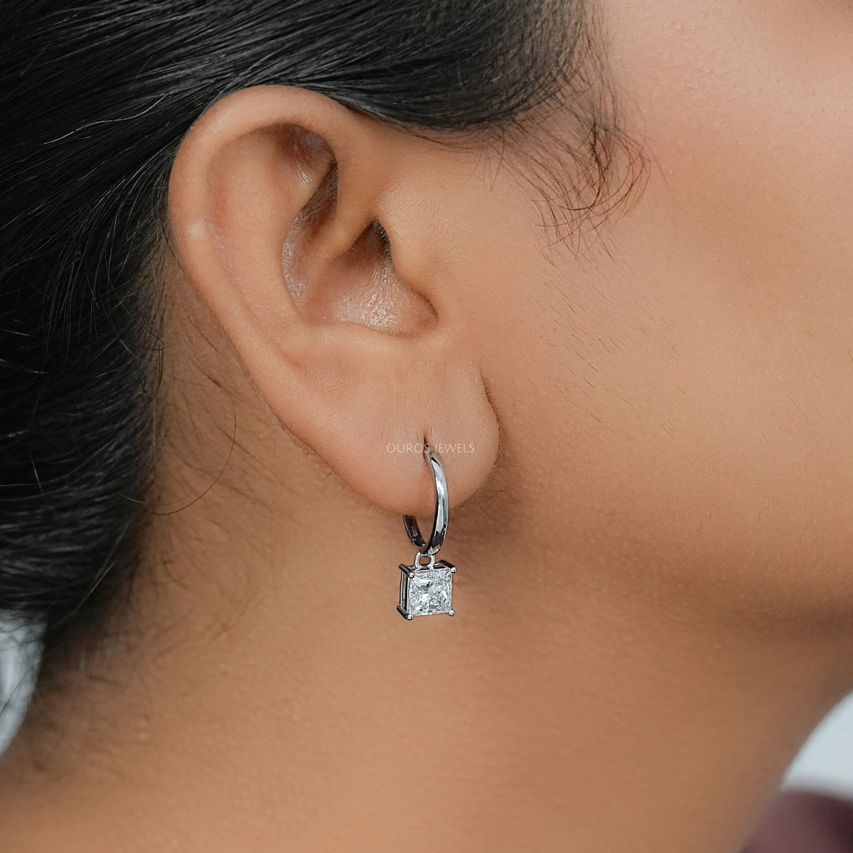 Lab Diamond Princess Cut Dangle Hoop Earrings Earrings